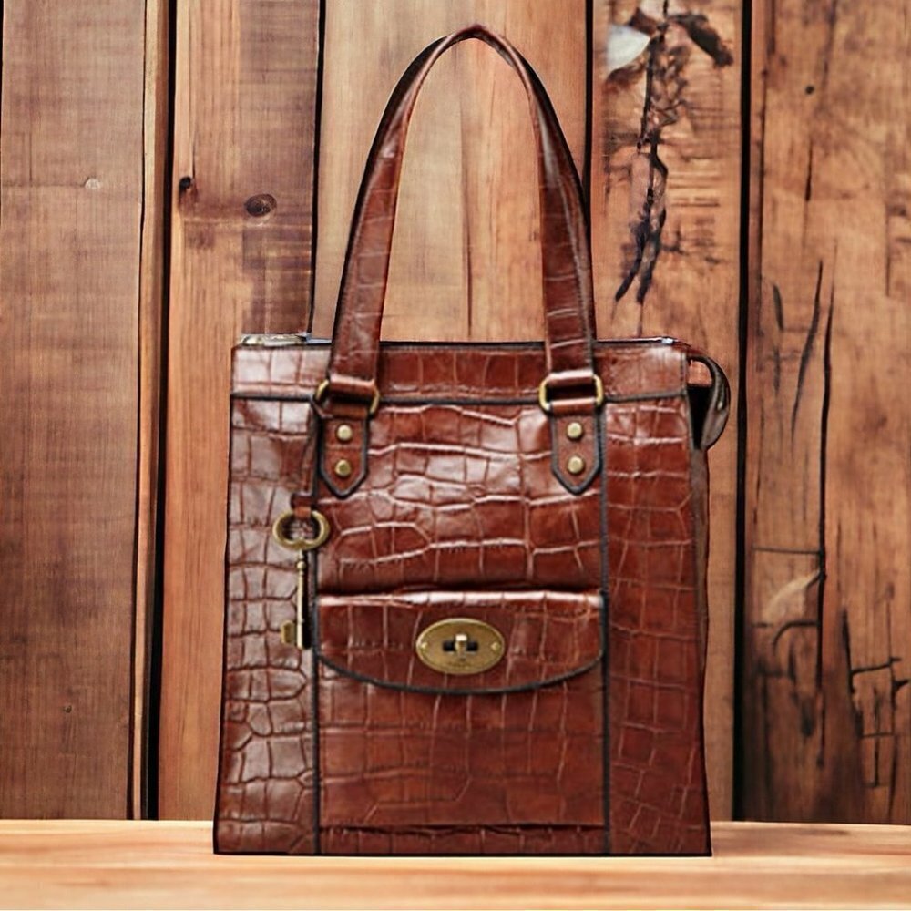 Fossil Revival Brown Croc Embossed Extra Large Leather Tote